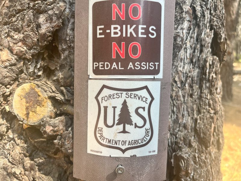 A US Forest Service sign underneath of a no e-bikes sign