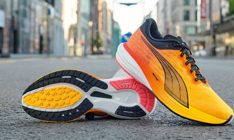 Puma Deviate Nitro 2 running shoes on the floor.
