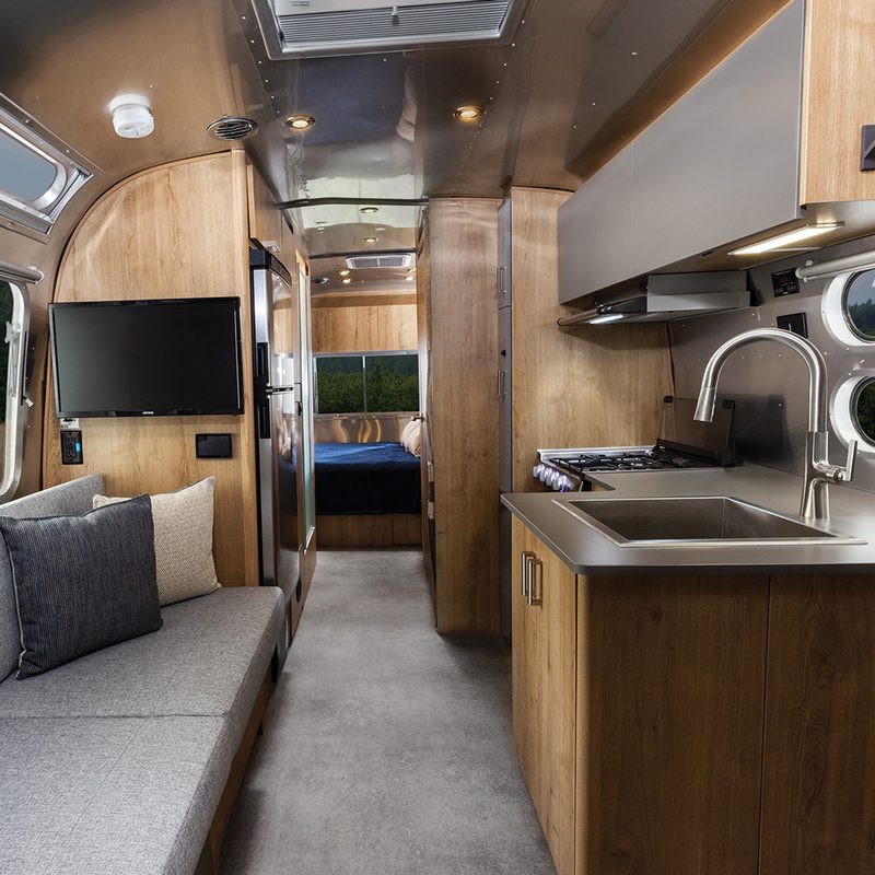 Interior of the Airstream Trade Wind travel trailer.