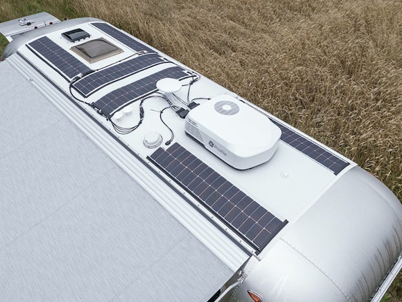 Rooftop solar panels on Airstream's Trade Wind travel trailer.