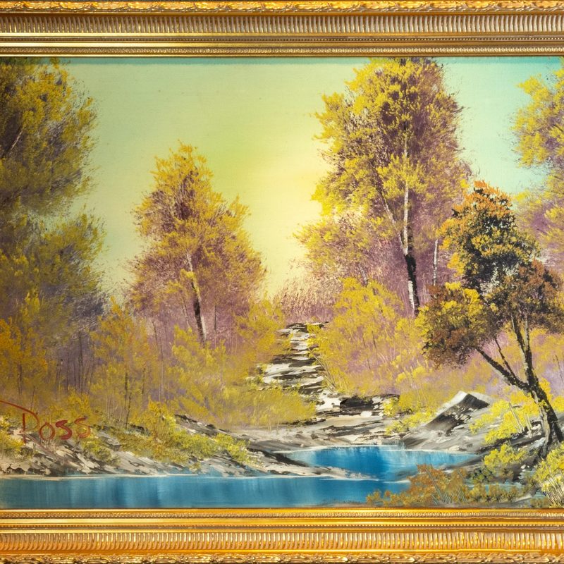 A close up of the first painting Bob Ross painted on his TV show.