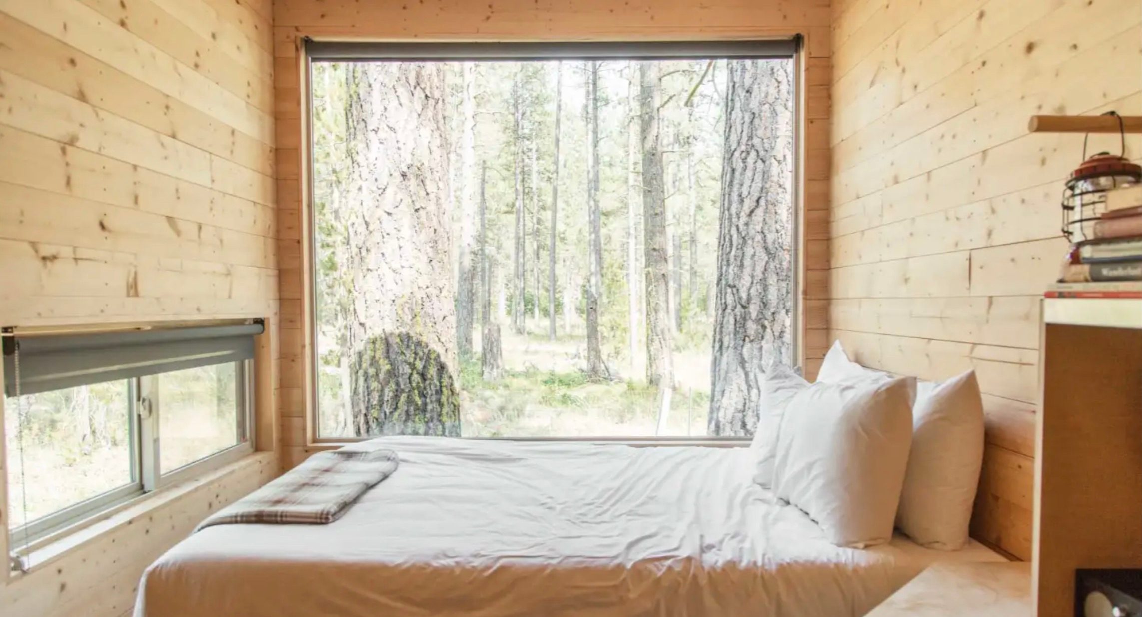 A queen-sized bed in a tiny cabin with a wooded background out the window