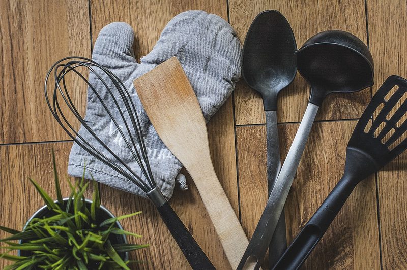 Kitchen utensils and hot pad