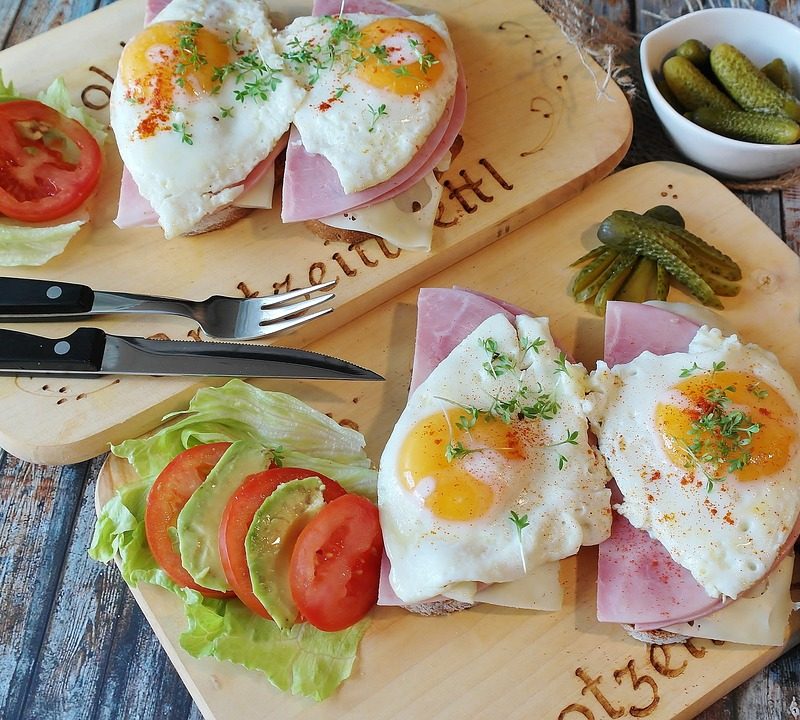 Overhead view of a meal presented on a cutting board