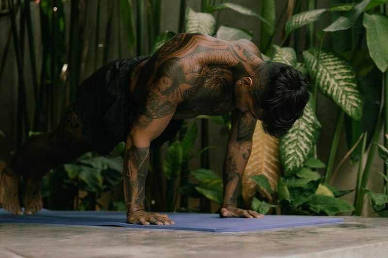 man_doing_plank push up_pose_by_potted_plants