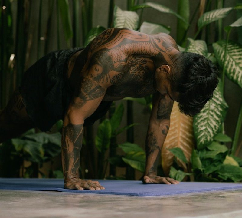 A shirtless man doing a plank pose by potted plants