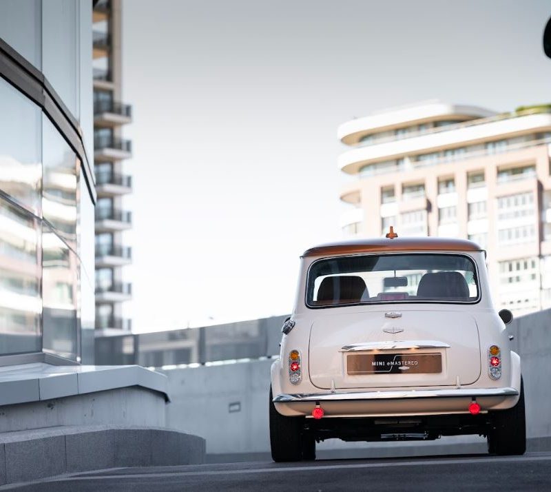 The new Mini eMastered driving up a ramp.
