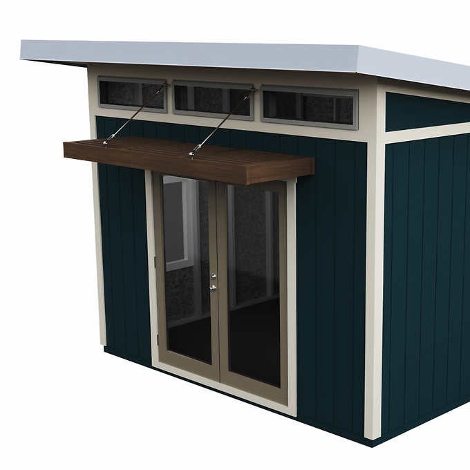 A Costco shed painted blue with white trim.