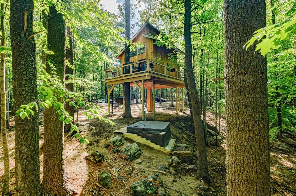A treehouse in a wooded area surrounded by trees