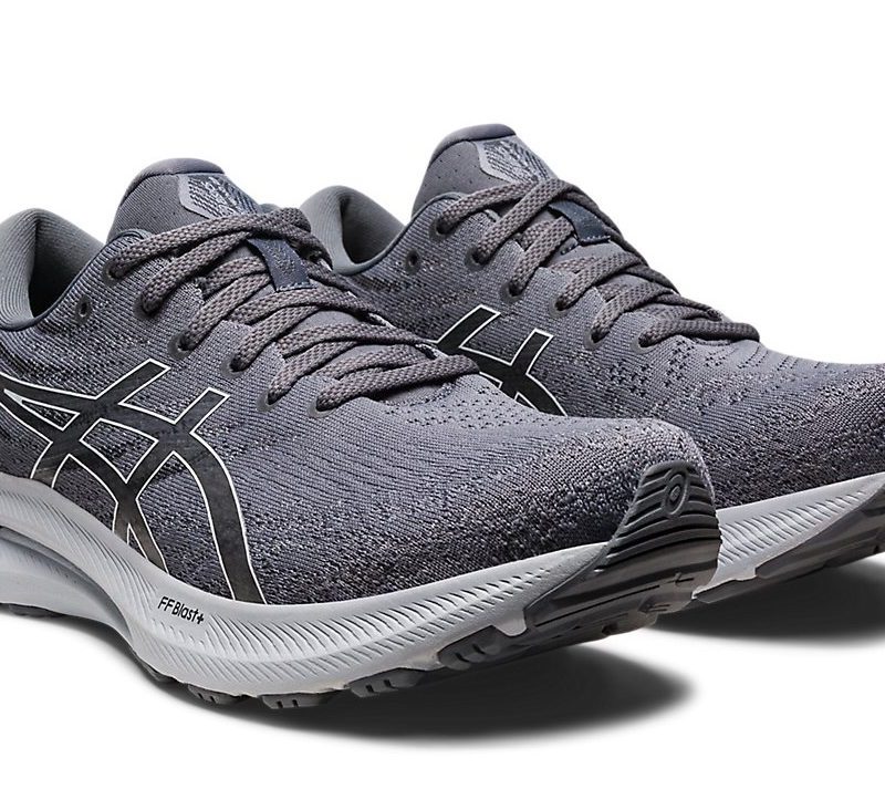 The Asics Gel-Kayano 29 running shoes in gray against a white background.