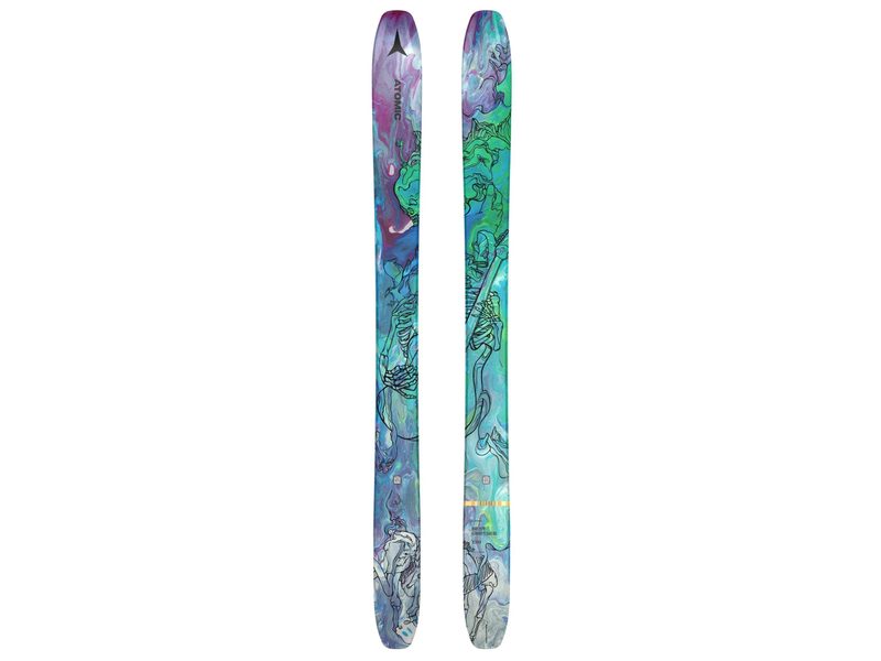 The multicolor Atomic Bent Chetler 120 Skis on a white background.
