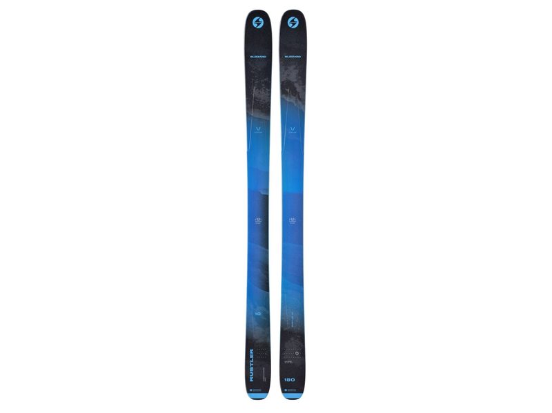 The Blue/Anthracite coloring of the Blizzard Rustler 10 Skis on a white background.
