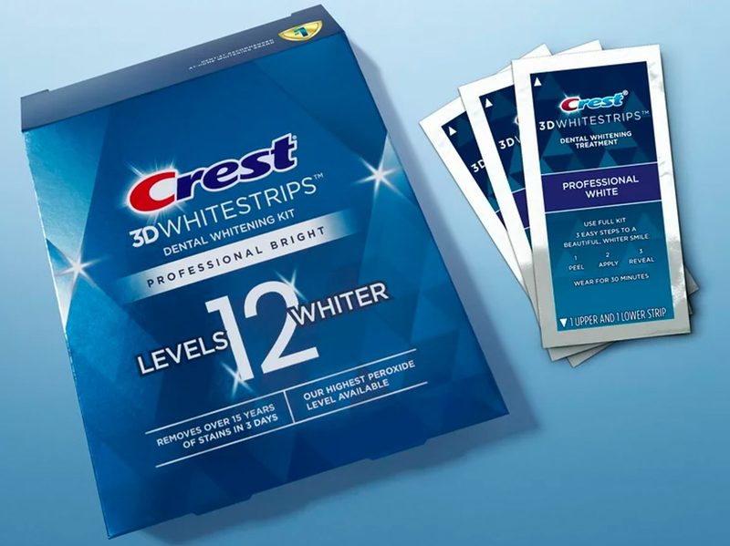 The Crest 3D Whitestrips Professional Bright 36-pack against a blue background.