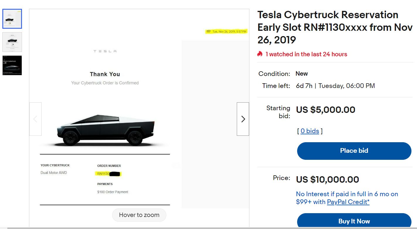 A screenshot of a person flipping a cybertruck pre-order on eBay