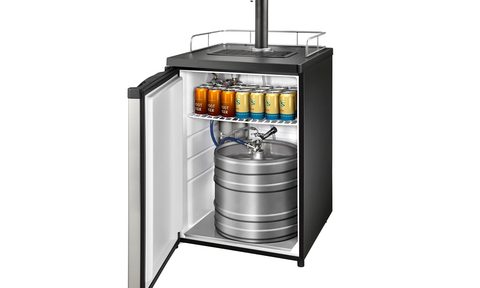 The Insignia NS-BK1TSS6 kegerator with a keg and other canned beverages inside.