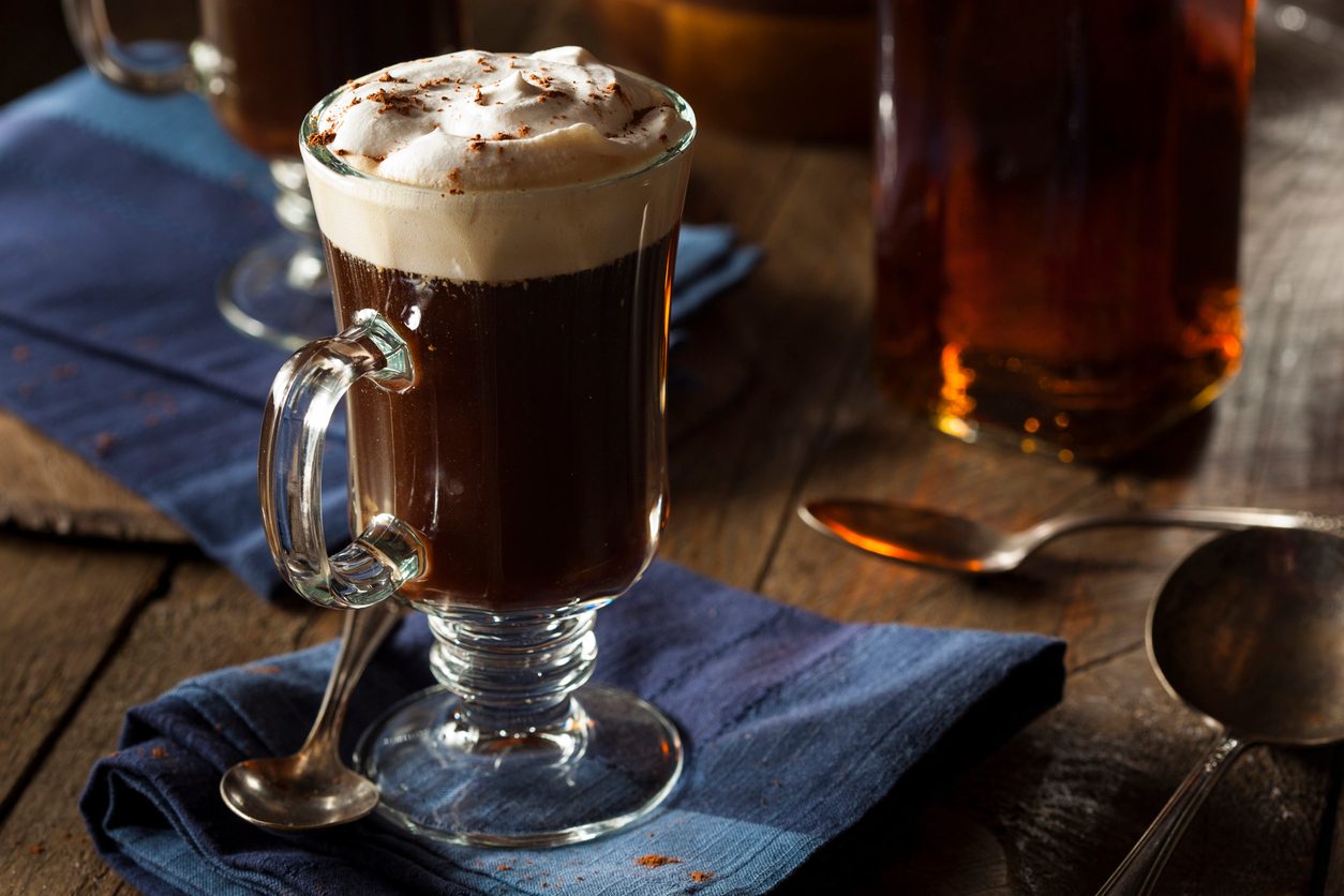 Homemade Irish coffee on a blue napkin