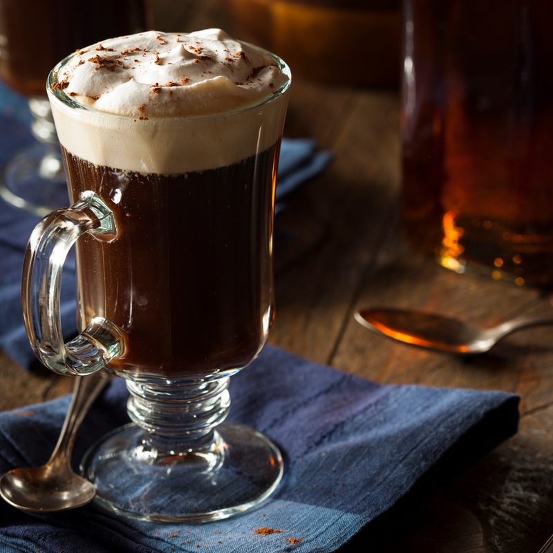 Homemade Irish coffee on a blue napkin