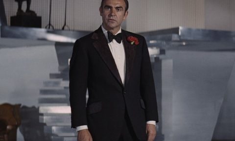 James Bond in blue velvet smoking jacket in Diamonds are Forever