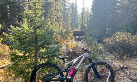 A picture of a mountain bike near an alpine river during fall