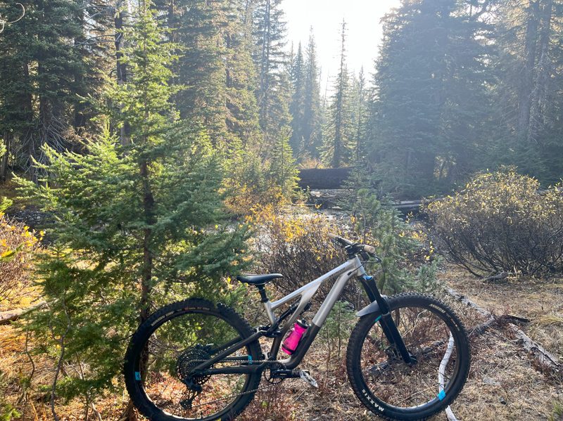A picture of a mountain bike near an alpine river during fall