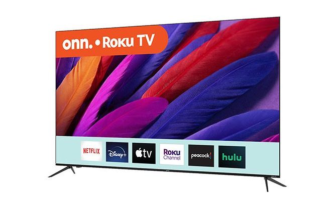The Onn. 75-inch Frameless Roku TV on a white background.