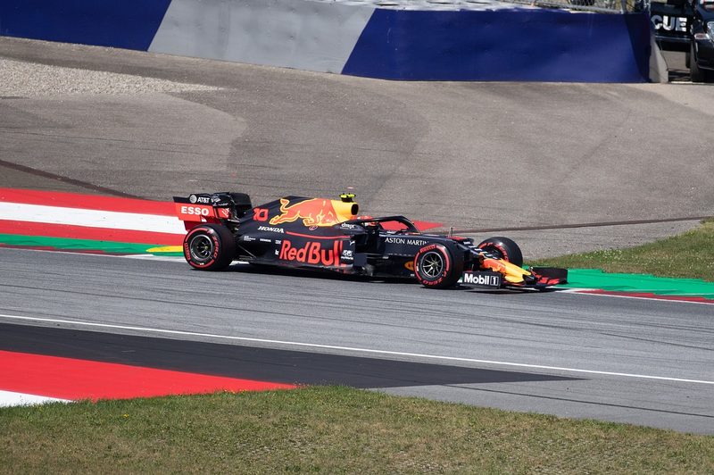 Red Bull team F1 racecar pushing for driver and team championship points.