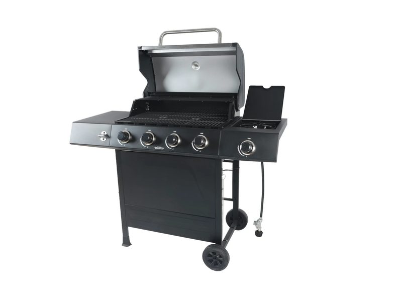 The RevoAce 4-Burner Propane Gas Grill with its main and side grilling sections open.