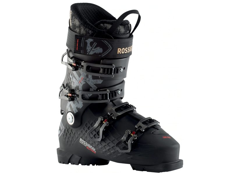 The right boot of a pair of Rossignol Alltrack Pro 100 Ski Boots.