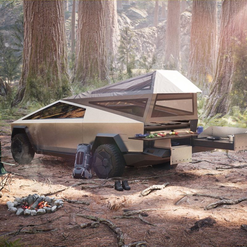 Tesla Cybertruck at a camping site