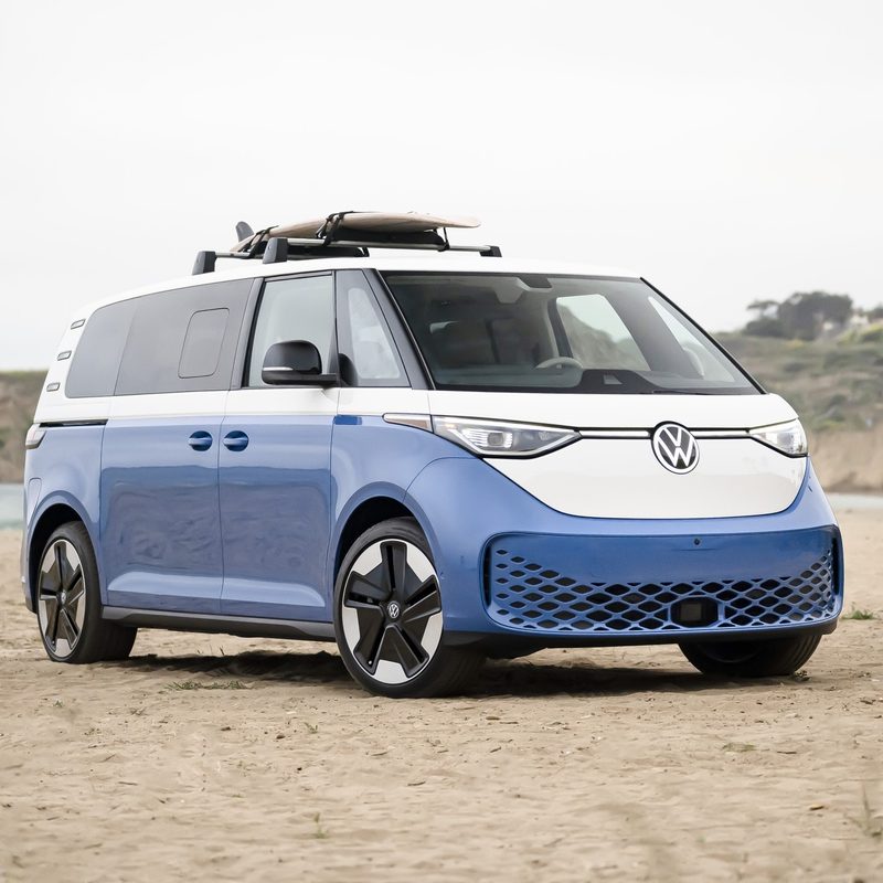 Volkswagen ID Buzz parked on the beach.