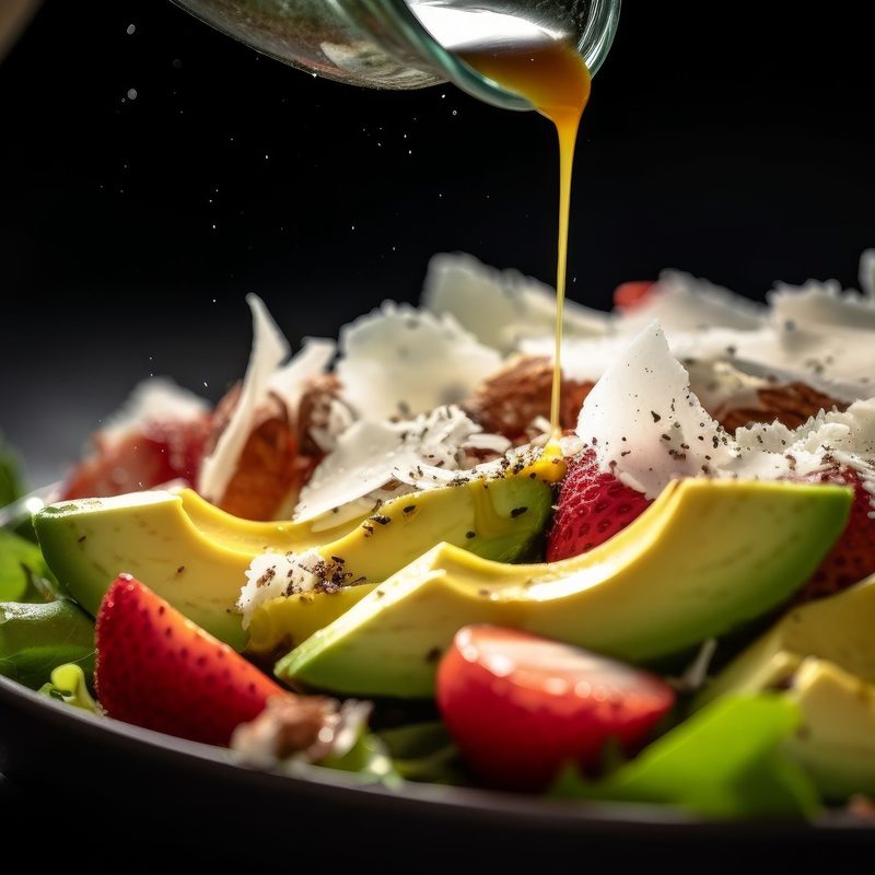 Pouring coconut aminos dressing over avocado strawberry salad