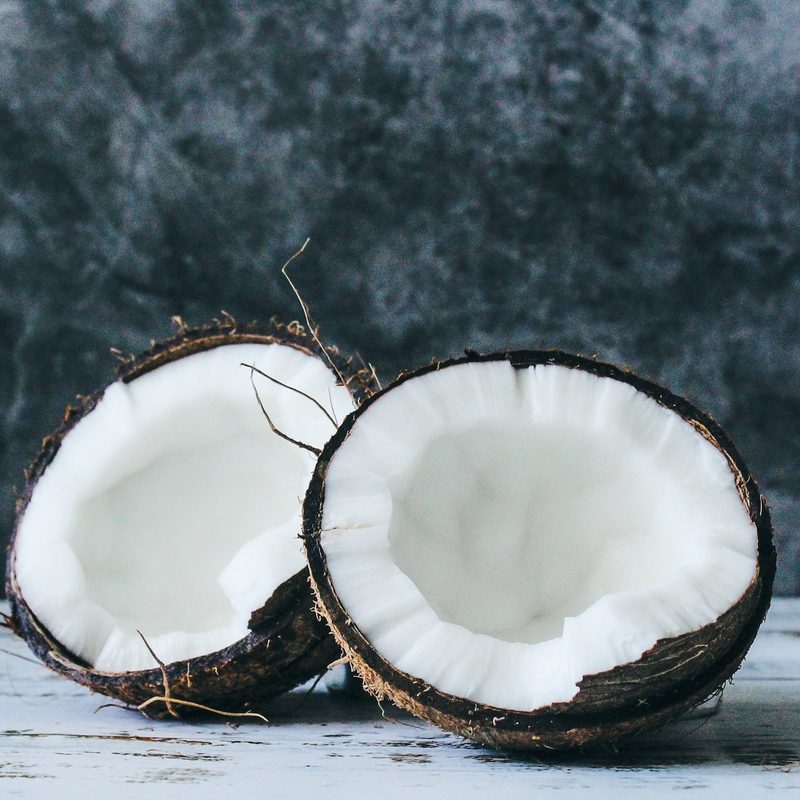Open coconut split in half with dark background