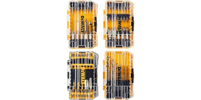The Dewalt 100-piece screwdriver and drill bit set on white background.