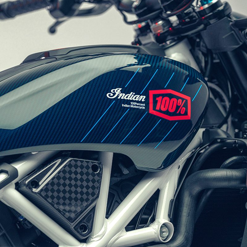 Elevated three-quarter view of the fuel tank of an Indian Motorcycle 2024 FTR x 100% R limited edition