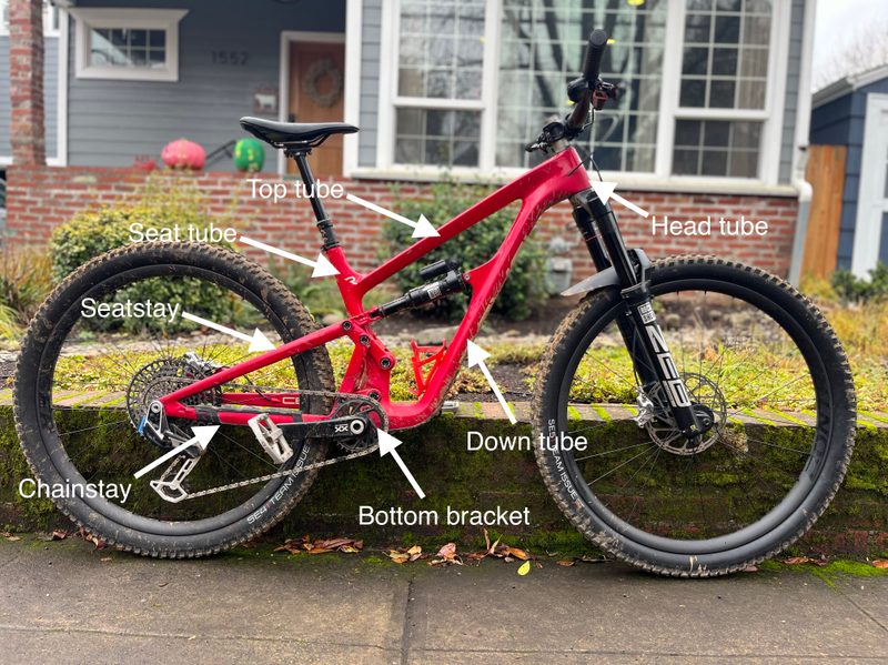 Mountain bike with each part of the frame labeled