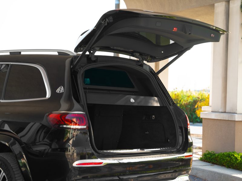 INKAS Armored Mercedes Maybach GLS600 left rear three-quarter view with rear hatch open.