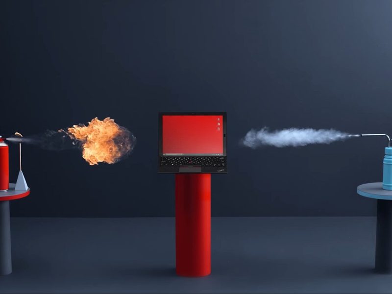 A Lenovo laptop being "stress tested" in one of their ads.