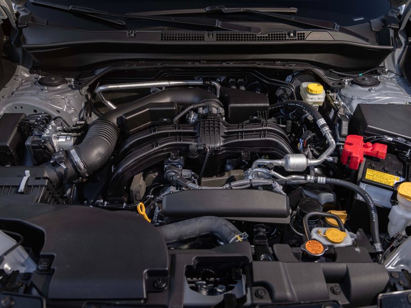 No EV here, direct view of open hood showing the 2025 Subaru Forester ICE engine