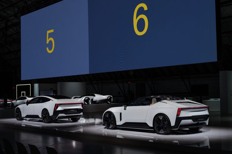 Polestar 5 and 6 parked on stage 