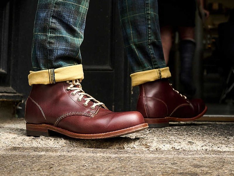Man wearing Wolverine 140th Anniversary 1000 Mile bootd with rolled pants