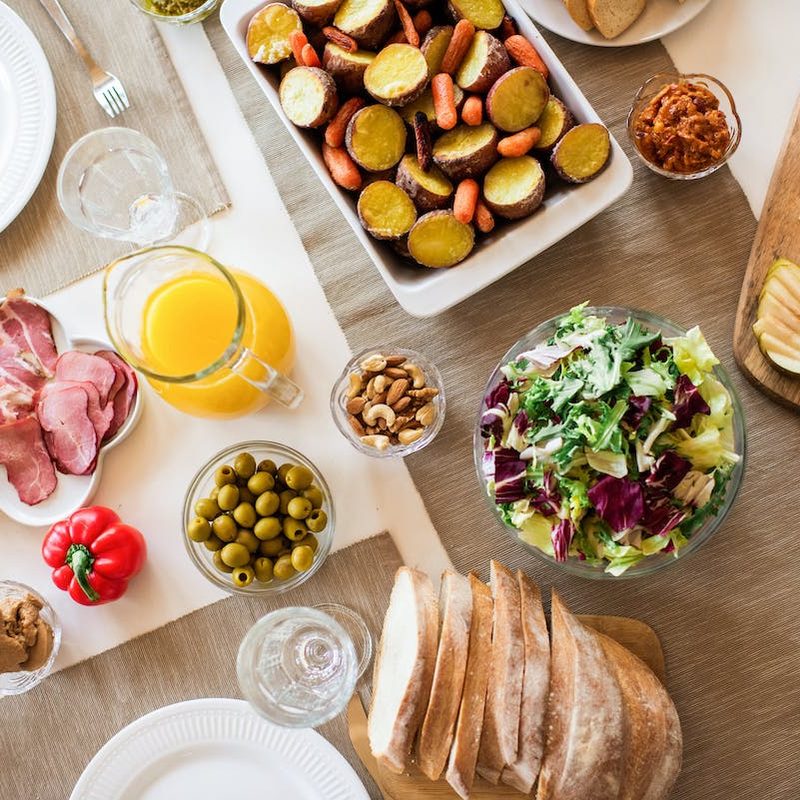 A bird's-eye view of a dinner table