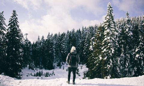 Solo hiker taking in the view along trail in winter