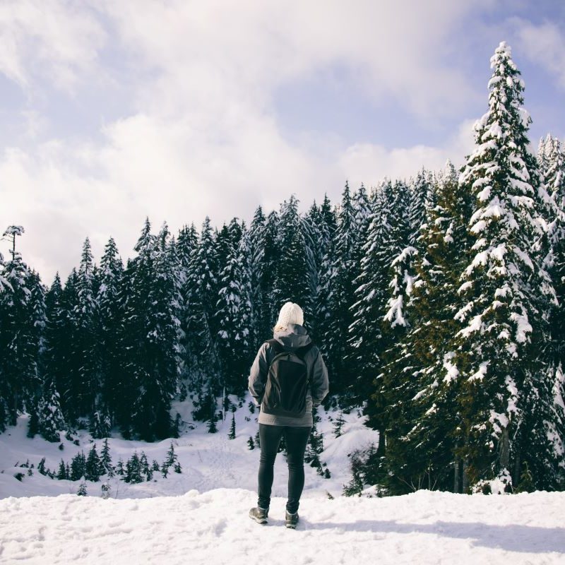 Solo hiker taking in the view along trail in winter