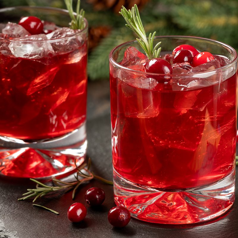 Cranberry cocktail with fresh cranberries and roseemary on black slate board. Fir tree branch and pine cones in background