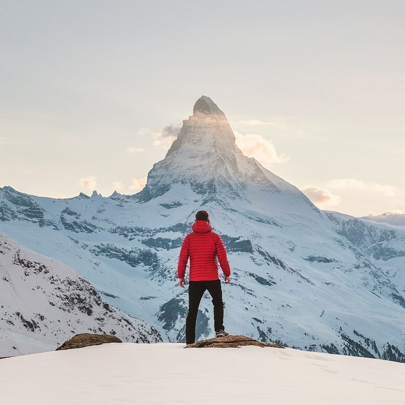 Man standing in front of snowy mountains