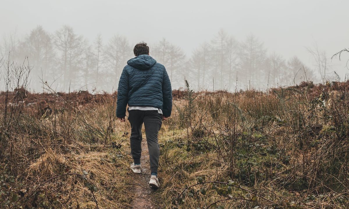a man walking up a hill in nature
