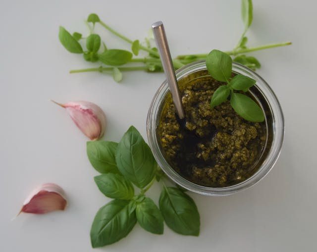 Bowl of mint pesto sauce