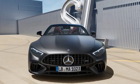 2024 Mercedes-AMG SL 63 S E PERFORMANCE gray paint direct front on view.