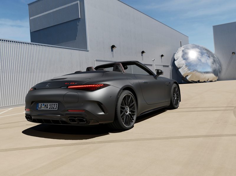 2024 Mercedes-AMG SL 63 S E PERFORMANCE gray paint right rear three-quarter view top down.
