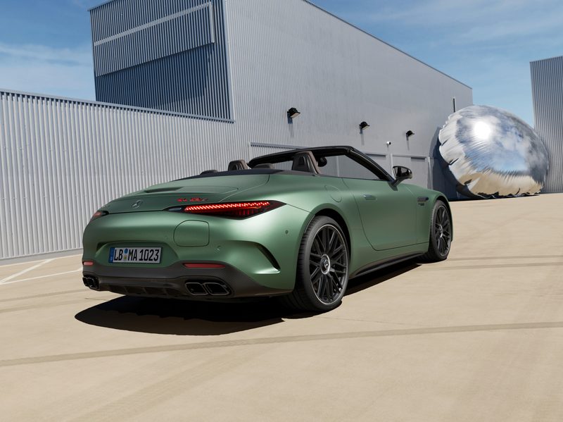 2024 Mercedes-AMG SL 63 S E PERFORMANCE green paint right rear three-quater view top down.